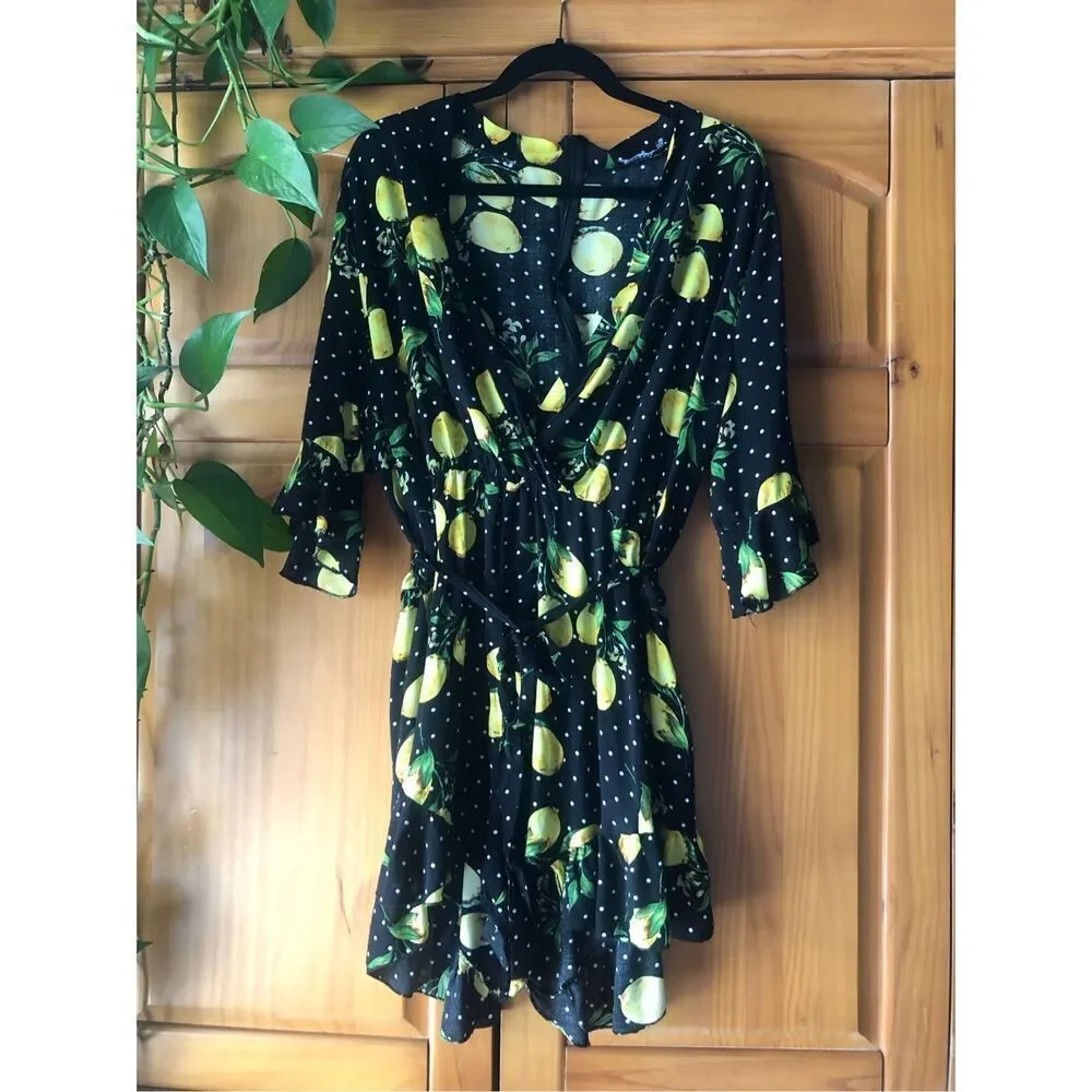 Boohoo LEMON POLKA DOT WRAP RUFFLE ROMPER SZ 20 - Picture 3 of 10